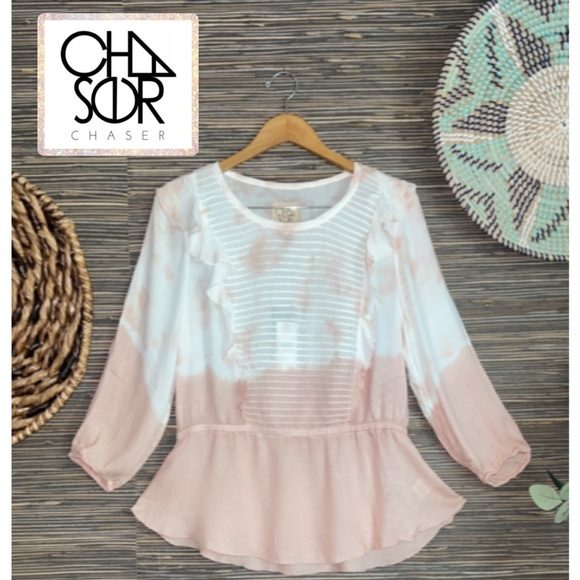 Chaser Tops - Chaser Dip Dye Pink and White Tie-Dye Ruffle Peplum Blouse Large